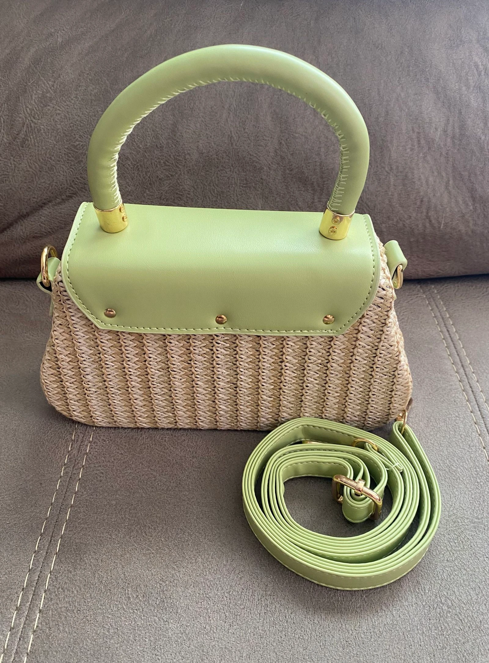 Pistachio Green Raffia and Faux Leather Trunk Bag – photo 3
